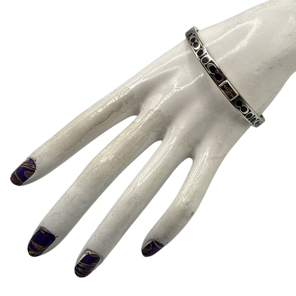 COACH Signature C Silver Tone Black Enamel Hinged Bangle Bracelet Size 7.75